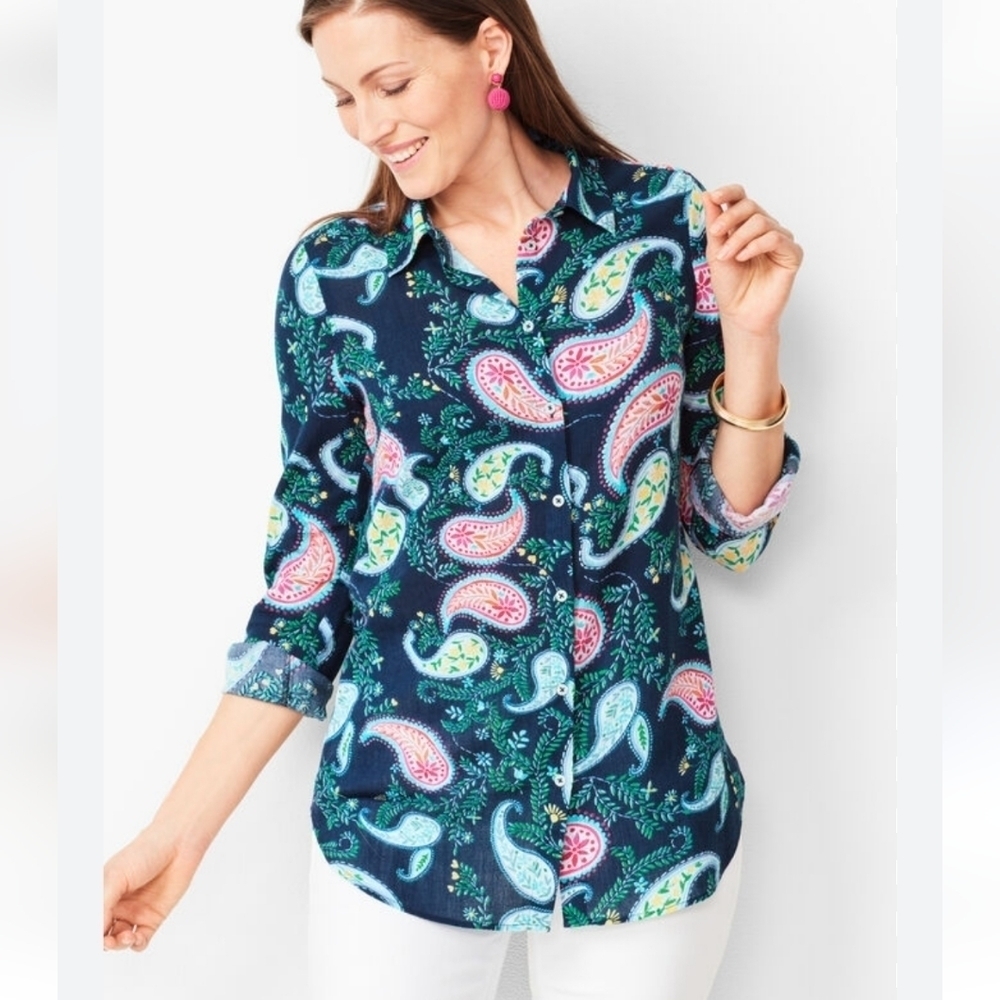 Talbots Plus Petite Classic Cotton Shirt Garden Paisley Blue Size 1X Petite